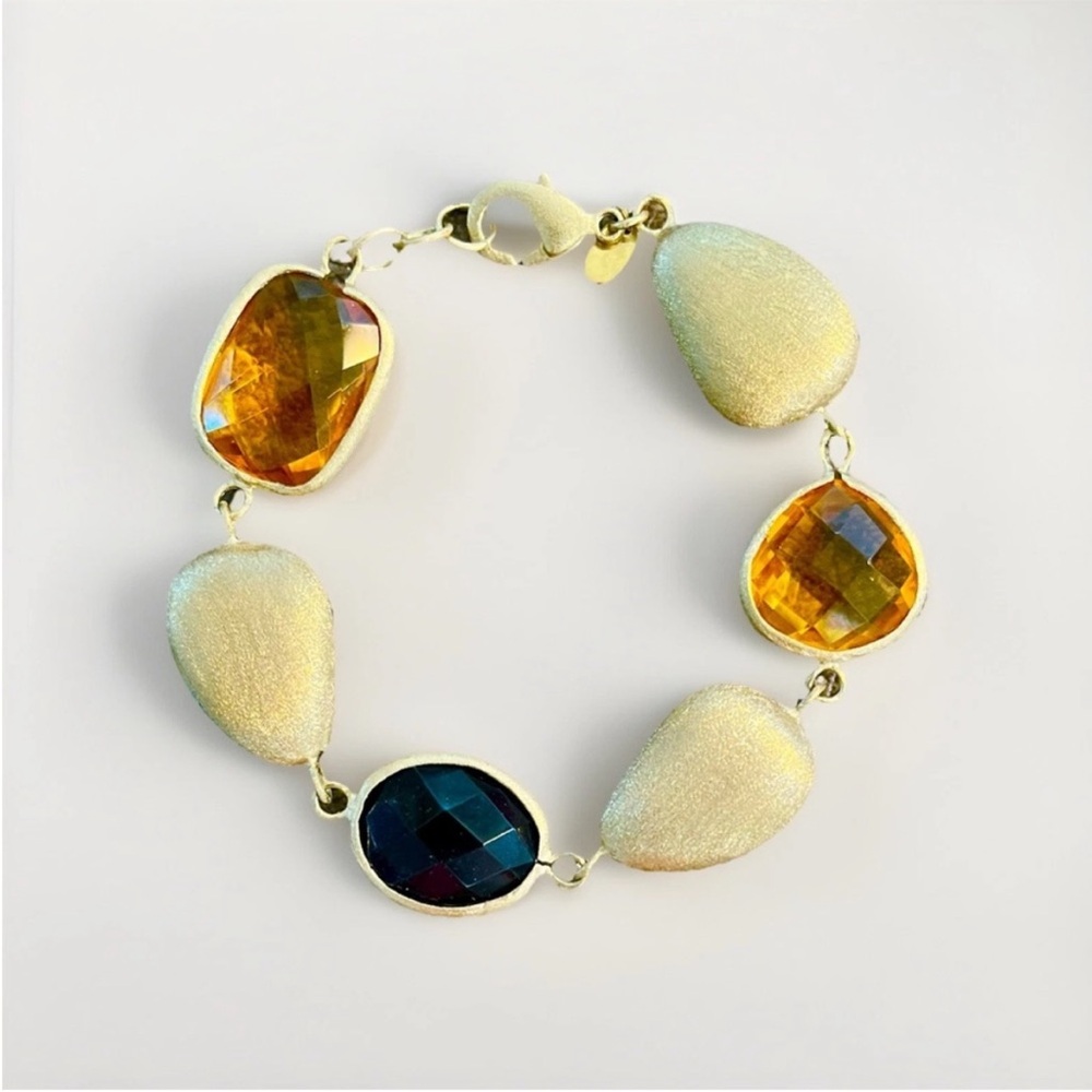Rivka Friedman Brushed Gold Tone, Faceted Colored Stones, Fashion Bracelet 6.5"